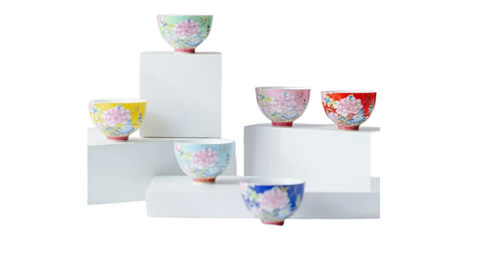 Elegant Chinese Floral Ceramic Tea Cups Set of Three